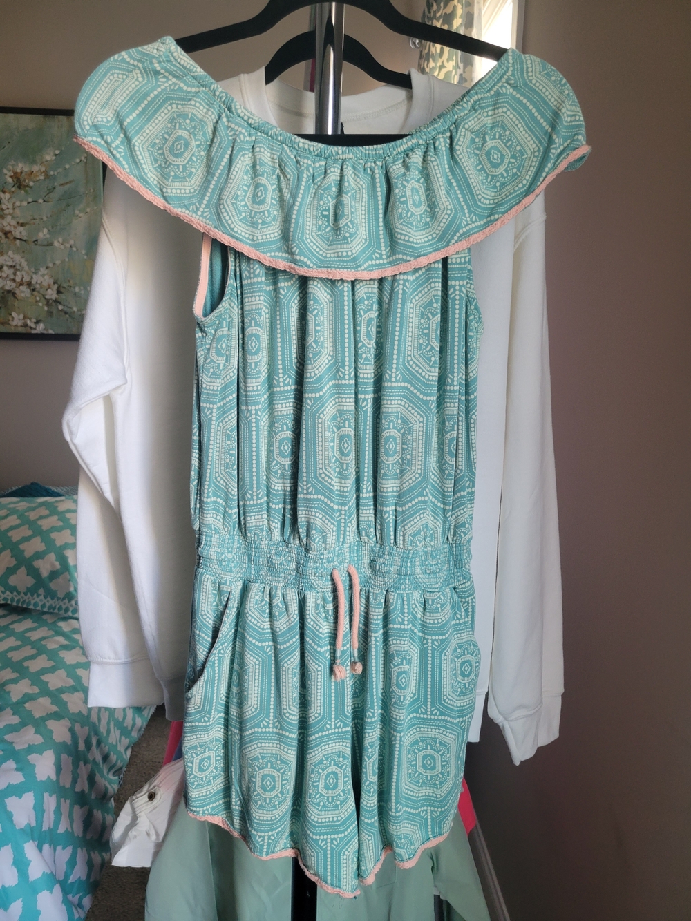Matilda Jane Teal Printed Off-Shoulder Top with White Pattern
